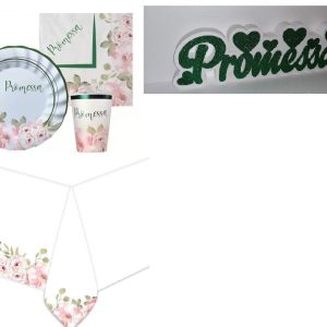 KIT 16 OSPITI  COORDOINATO TAVOLA PROMESSA FLOREAL CON TOVAGLIA CON SAGOMA IN POLISTIROLO GLITTERATO