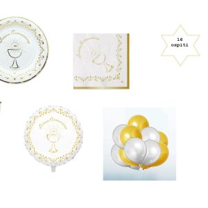 Kit 16 Ospiti Coordinato Tavola Comunione con pallone Mylar e palloncini in lattice
