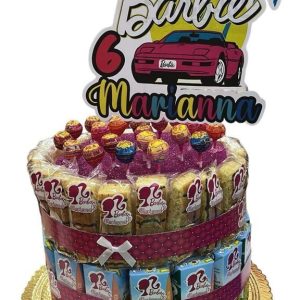 Torta di merendine e succhi con topper personalizzato tema Barbie