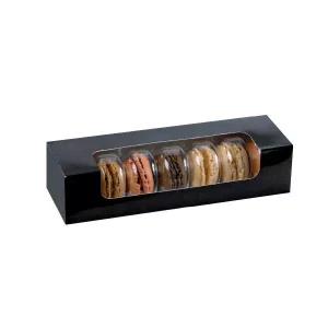 Scatola cartone nera con finestra per 7 macarons, 21,5 x 6,8 x 4,8 cm pz. 250
