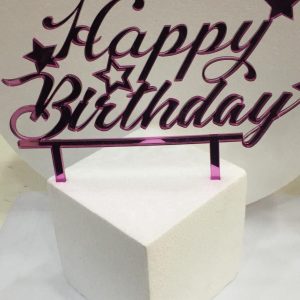 CAKE TOPPER IN PLEXIGLASS A SPECCHIO HAPPY BIRTHDAY CON STELLE FUCSIA