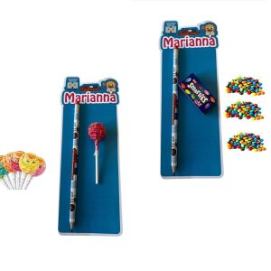 Il Barbiere Pasticciere10 Matite con Nome  personalizzato con Chupa Chups  o con Mini Smarties gadgets di fine festa modello a scelta